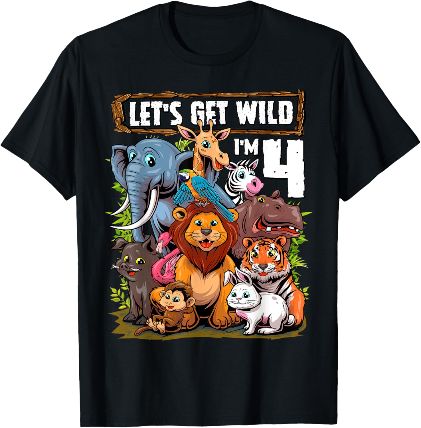 4 Year Old Zoo Birthday Safari Jungle Animals 4th Birthday T-Shirt - T-Shirt | Black
