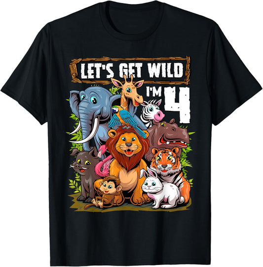 4 Year Old Zoo Birthday Safari Jungle Animals 4th Birthday T-Shirt - T-Shirt | Black