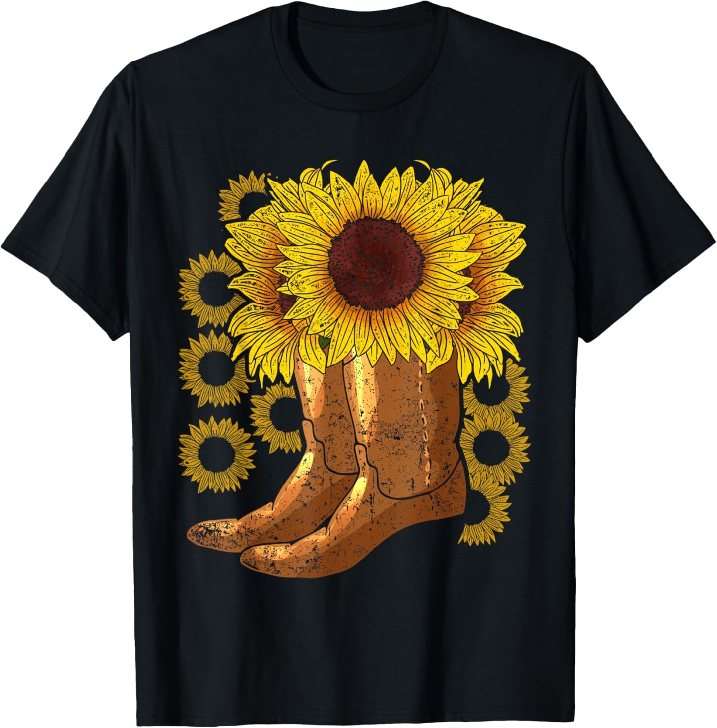 Yellow Flower Farmer Women Gift Cowboy Boots Sunflower T-Shirt - T-Shirt | Black