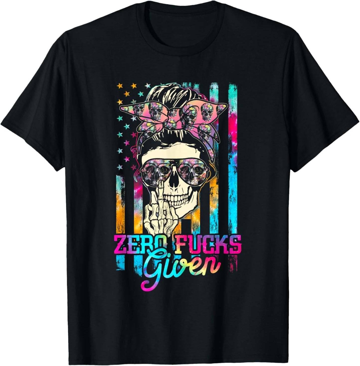 Skull Flag Skeleton Rainbow Messy Hair 0 Fucks Given T-Shirt - T-Shirt | Black