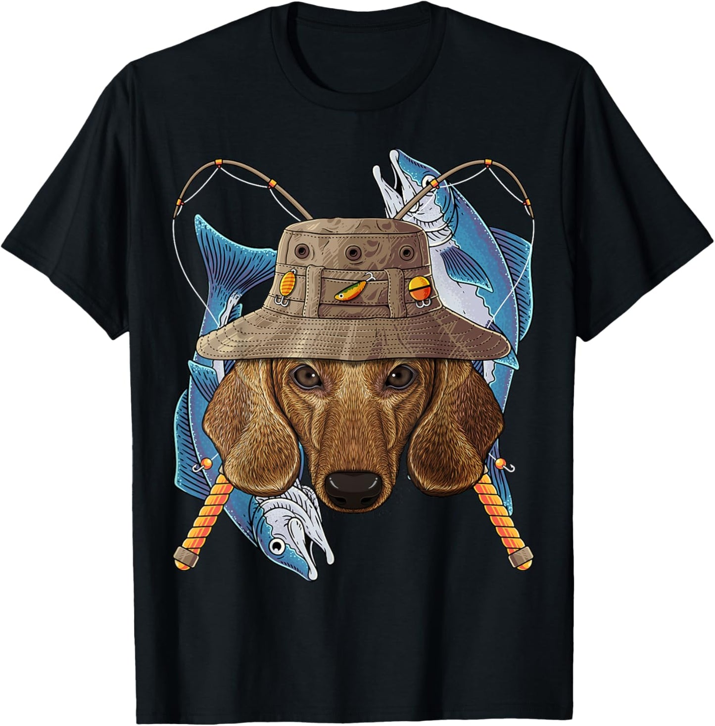 Fishing Dachshund Outdoor Fisherman Dog Cute Fly Fishing T-Shirt - T-Shirt | Black