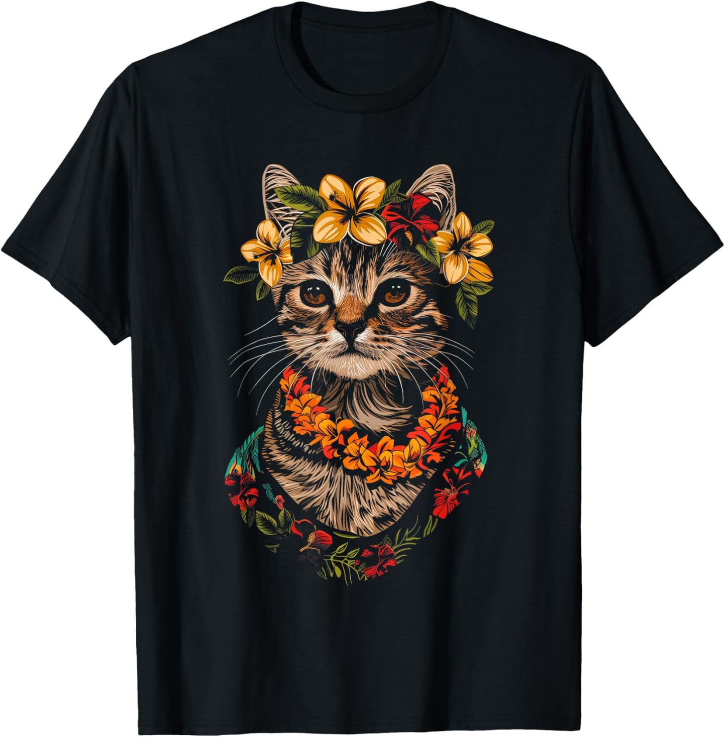 Cat Hawaiian Flowers Hula Hibiscus Funny Cute Hawaii T-Shirt - T-Shirt | Black