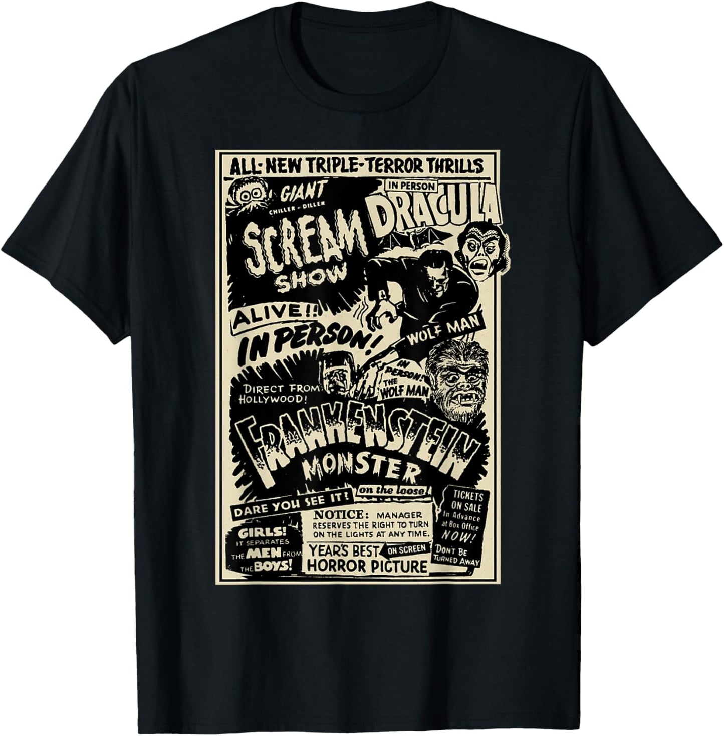 Horror Movie Monster Mummy Dracula Werewolf Frankenstein T-Shirt - T-Shirt | Black