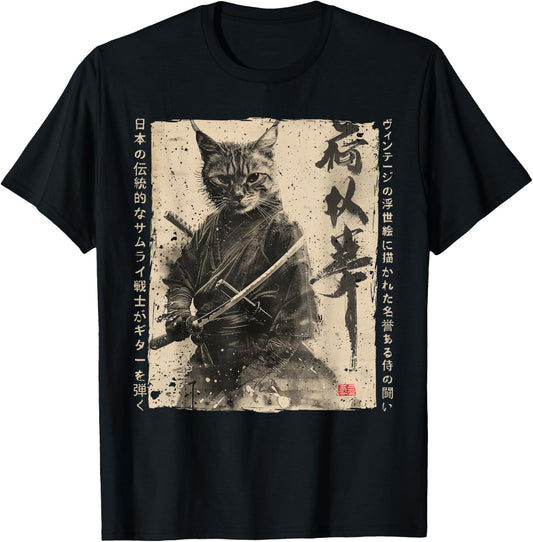 Samurai Cat Warrior Ukiyo Ink Artwork Cat Samurai T-Shirt - T-Shirt | Black