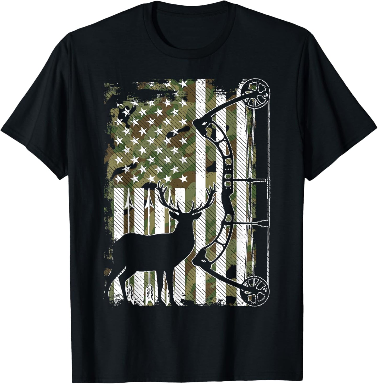 Bow Hunting Deer Hunter Camo American Flag Hunters T-Shirt - T-Shirt | Black