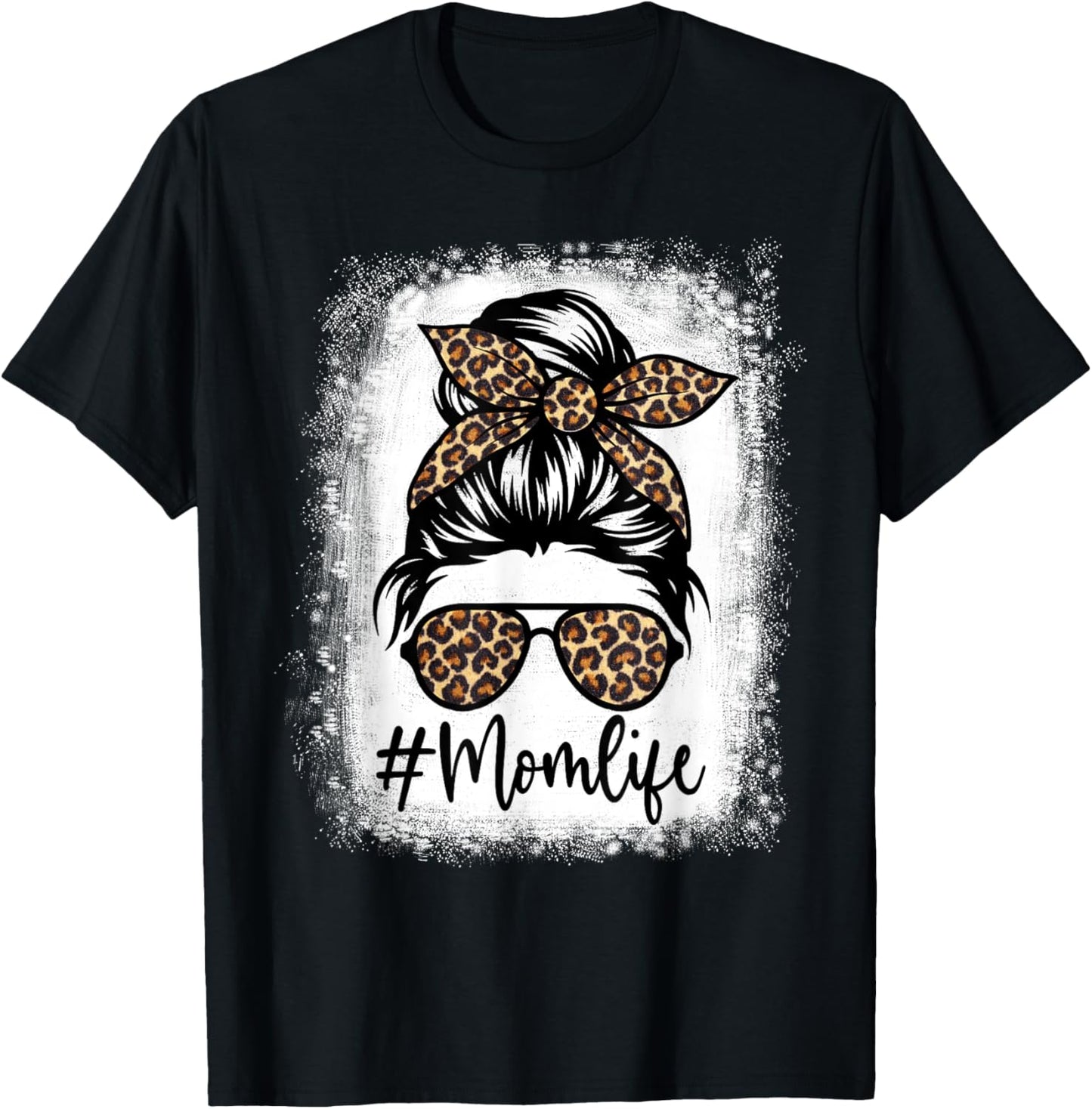 Women Mom Life Bleached Shirt Mom Life Leopard Messy Bun T-Shirt - T-Shirt | Black