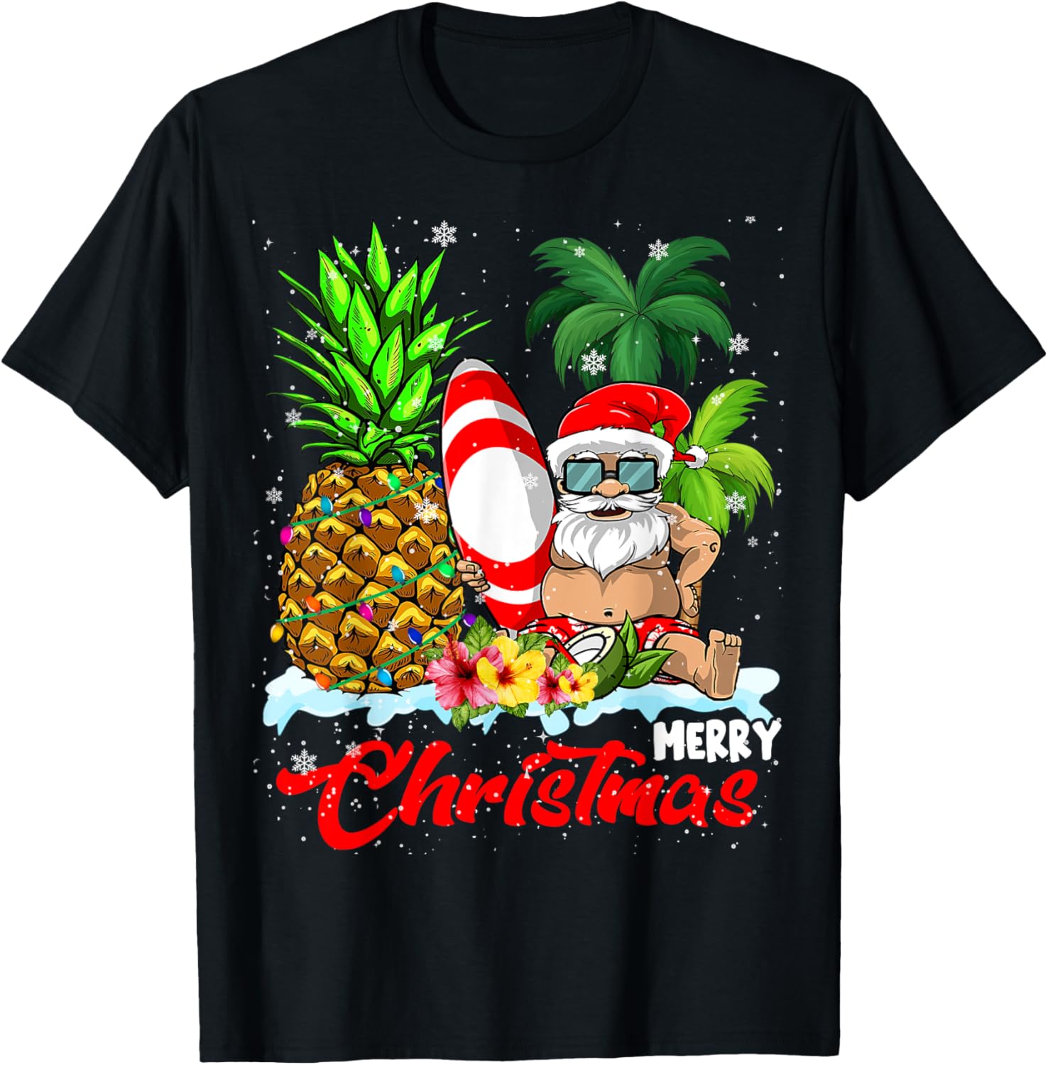 Merry Christmas Xmas Lights Santa Surfing Hawaiian Pineapple T-Shirt - T-Shirt | Black