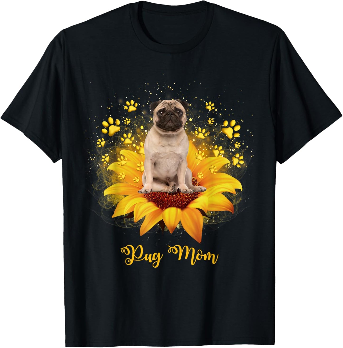 Pug Mom Sunflower With Dog Paw Mother's Day T-Shirt - T-Shirt | Black