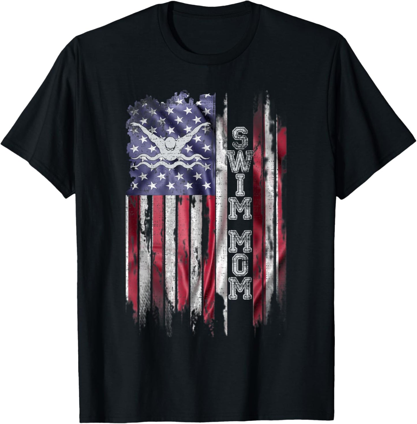 Vintage USA Flag Proud Swimming Mom Swim Swimmer Silhouette Women Kids Men T-Shirt - T-Shirt | Black