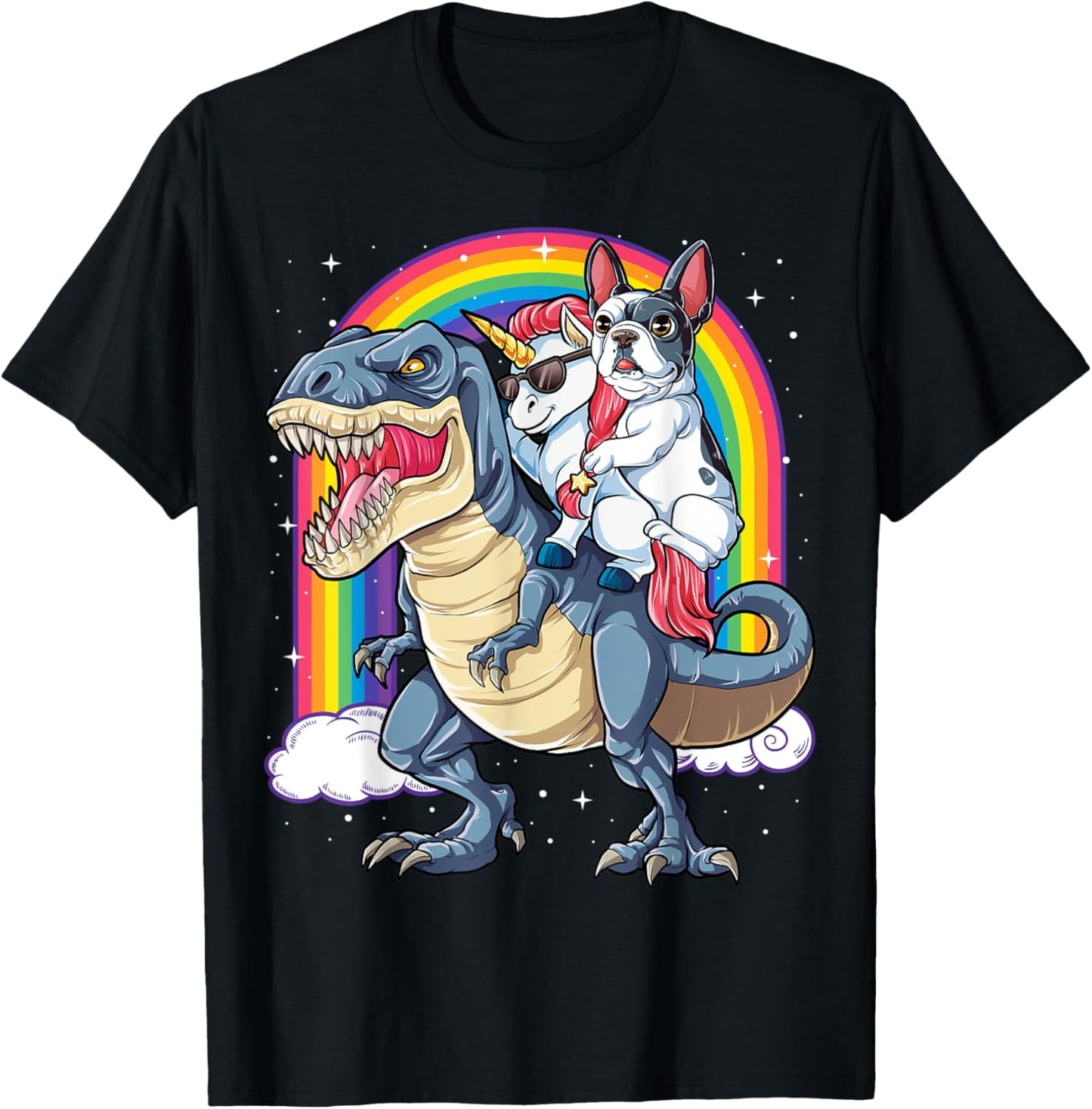 French Bulldog Unicorn Riding Dinosaur T rex Gifts Girls T-Shirt - T-Shirt | Black