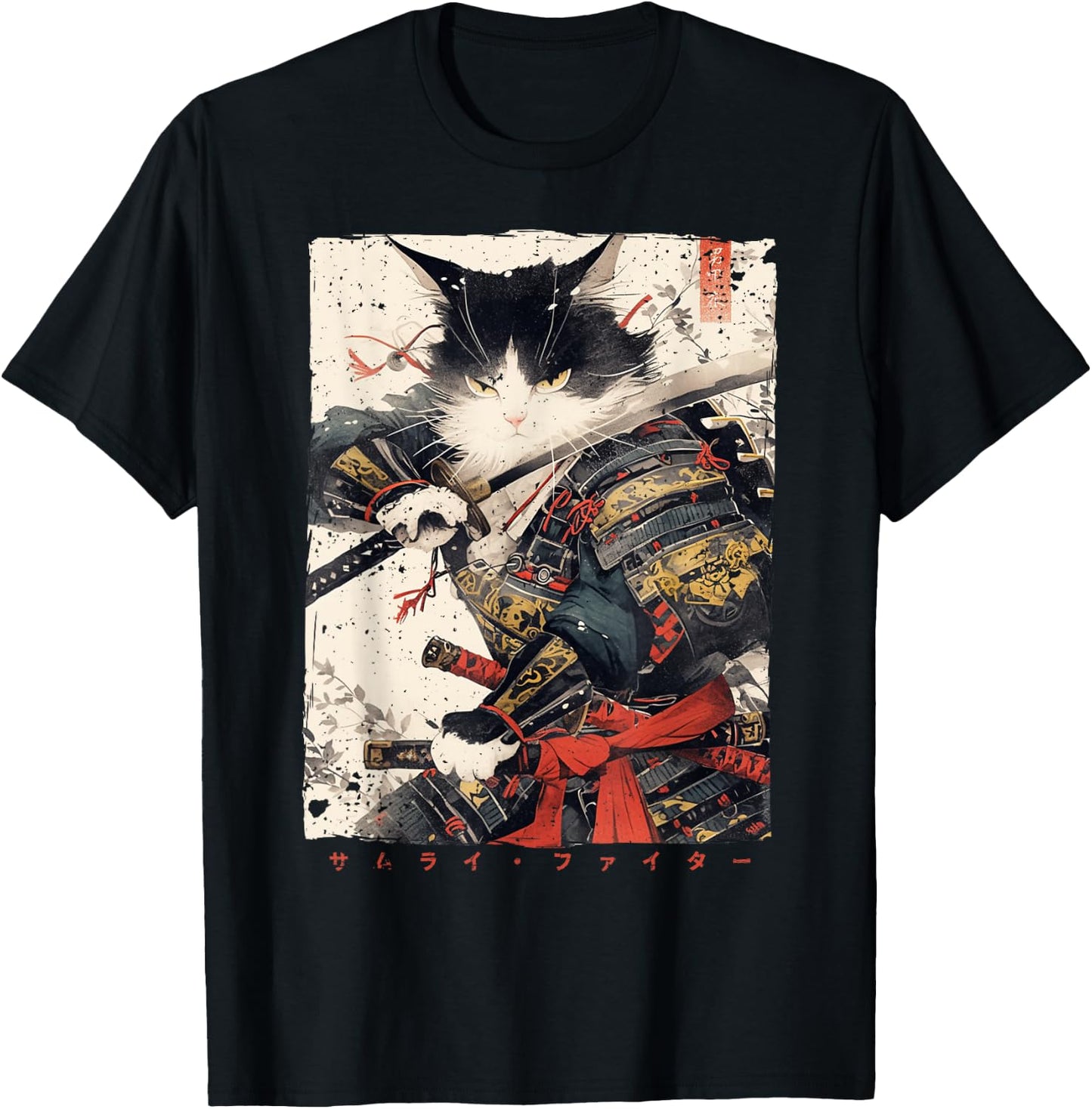 Samurai Cat Warrior Ukiyo Ink Artwork Cat Samurai T-Shirt - T-Shirt | Black