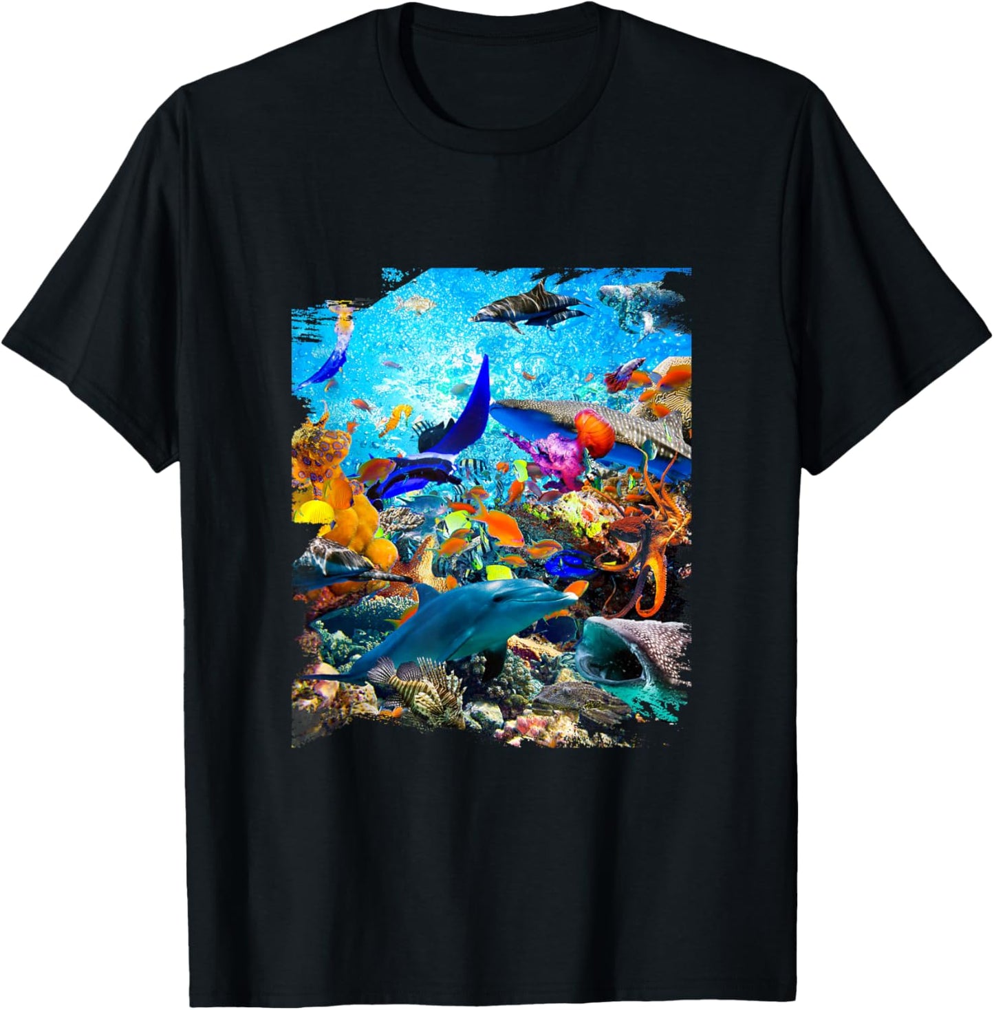Ocean Dolphin Shark Turtle Coral Sea Fish Orca Whale Reef T-Shirt - T-Shirt | Black