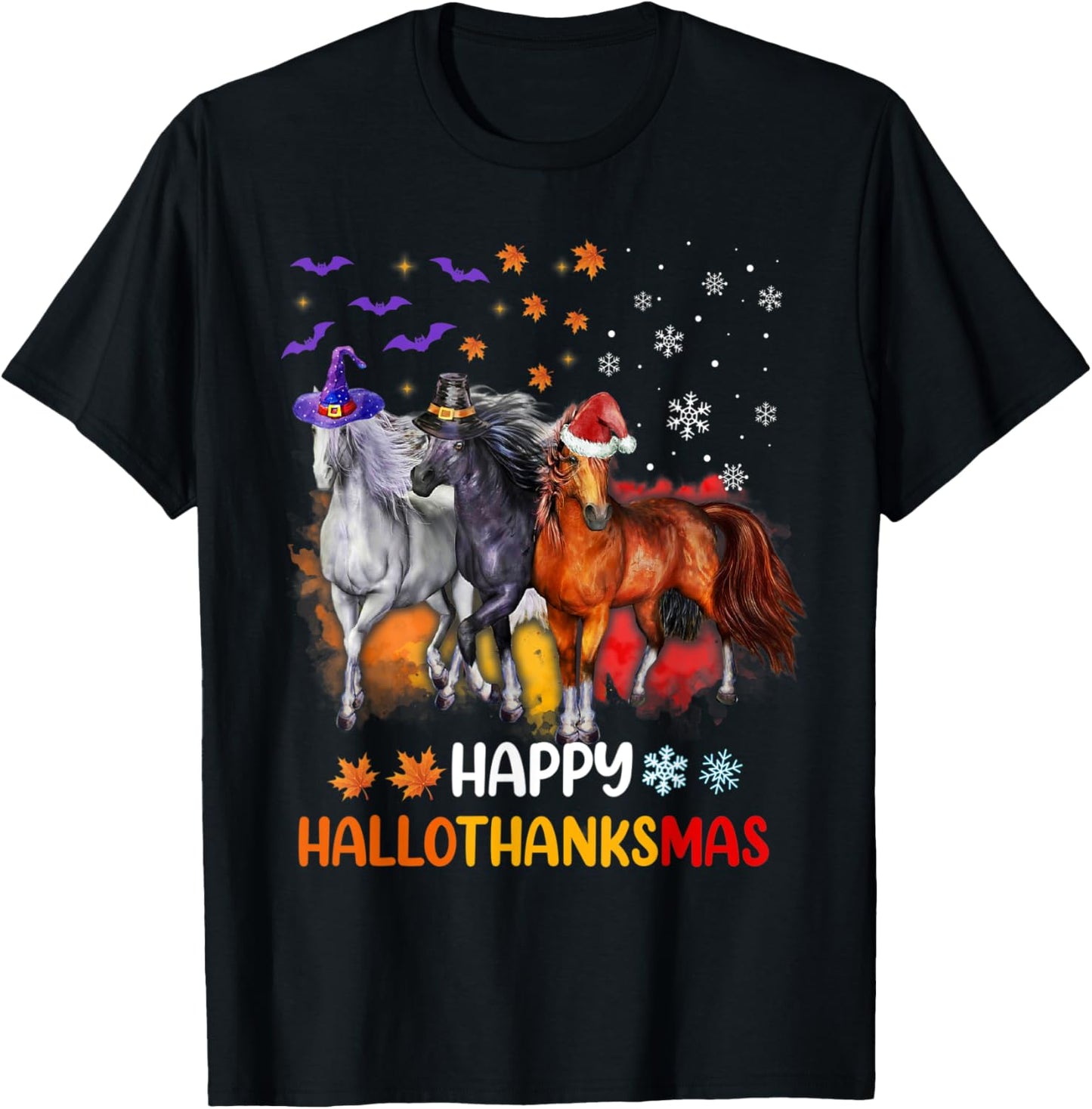 Horse Lover Halloween Merry Christmas Happy Hallothanksmas T-Shirt - T-Shirt | Black