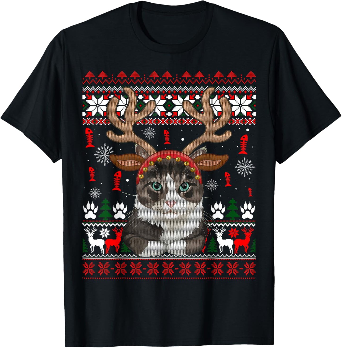 Christmas Cat Reindeer Ugly Christmas Sweater T-Shirt - T-Shirt | Black