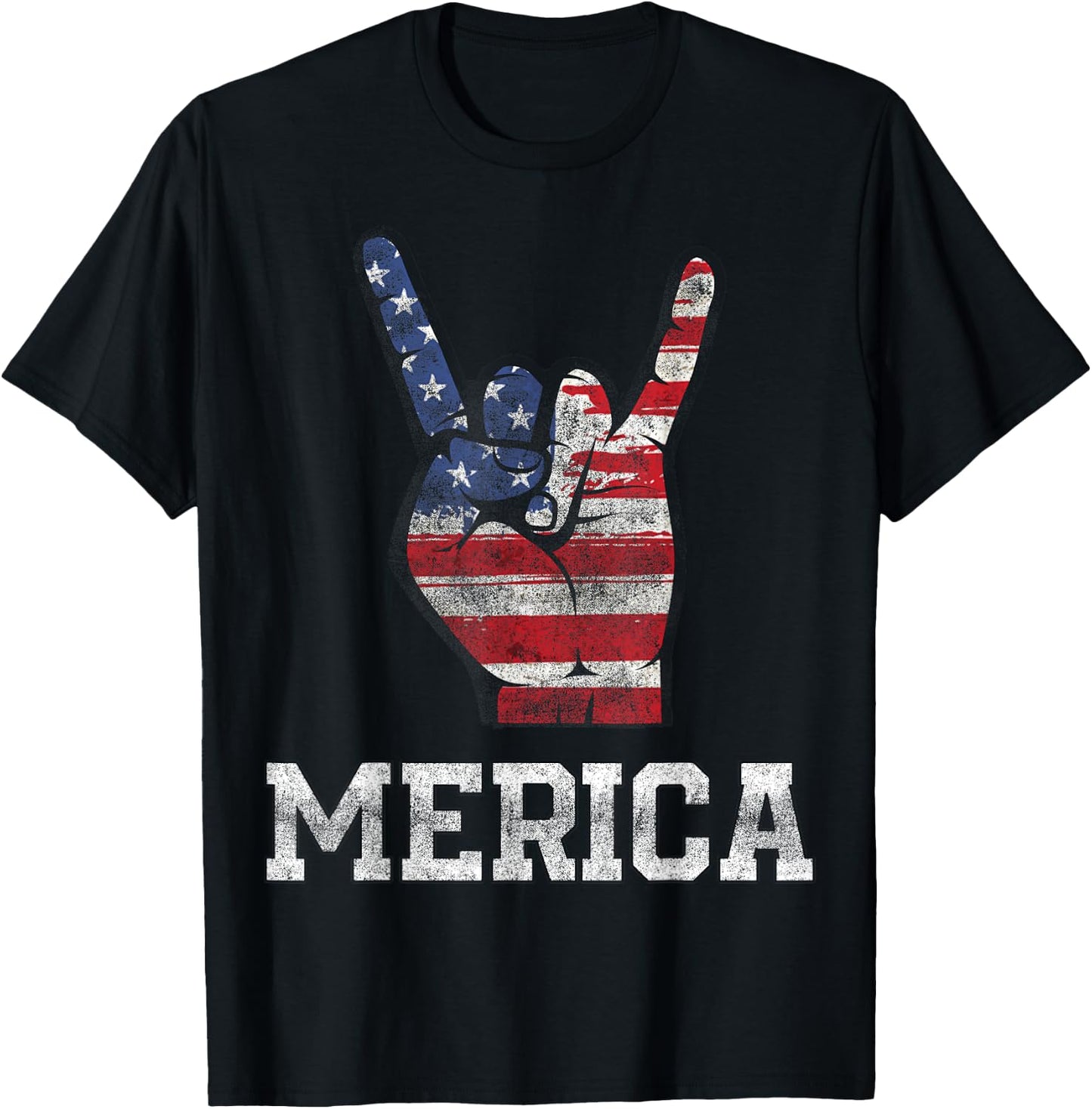 Merica Rock Sign 4th of July Vintage American Flag Retro USA T-Shirt - T-Shirt | Black