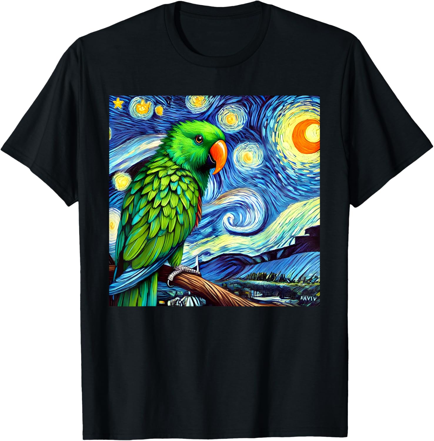 Green Eclectus Parrot Bird Starry Night Sky Art Van Gogh T-Shirt - T-Shirt | Black