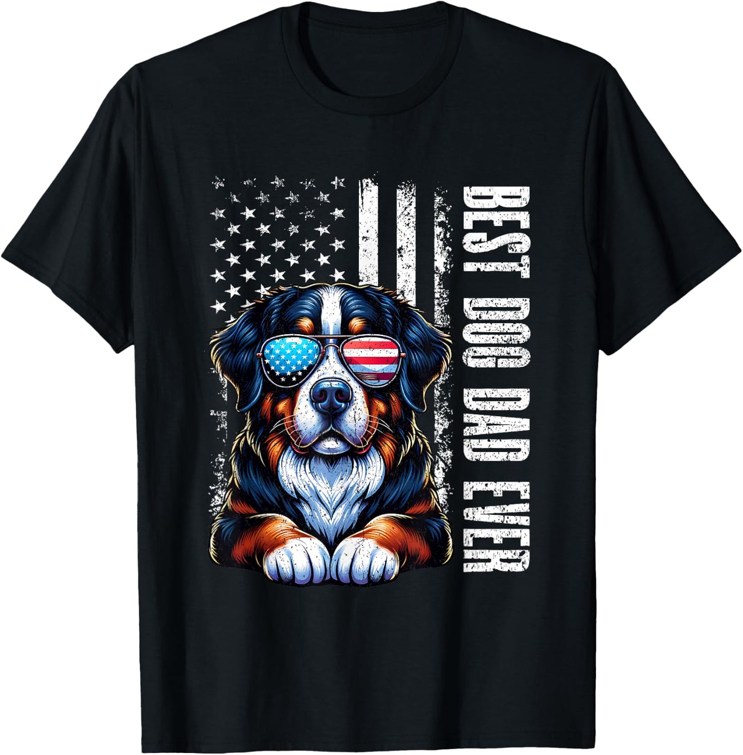 Best Dog Dad Ever Bernese Mountain American Flag Vintage T-Shirt - T-Shirt | Black