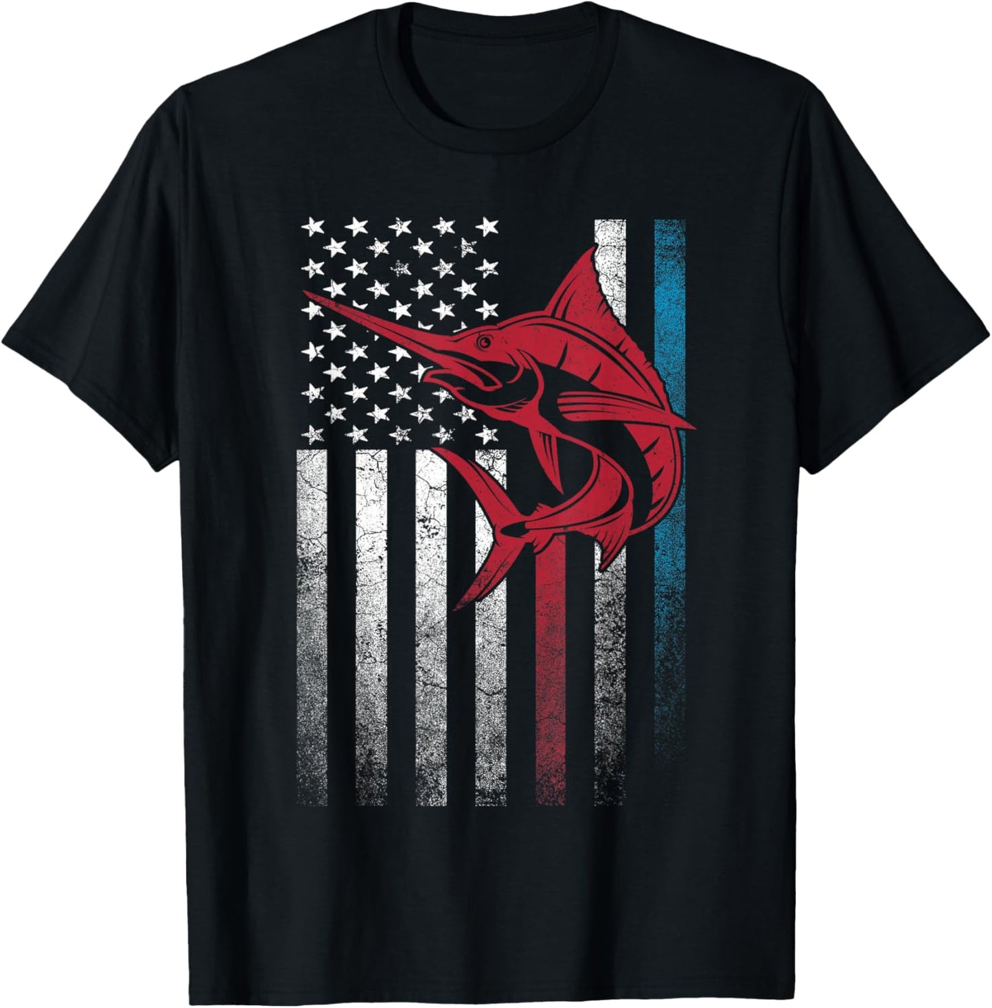 Marlin Fish Fishing 4th of July Shirt Gift American Flag T-Shirt - T-Shirt | Black