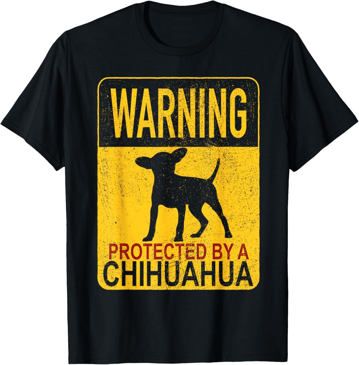 Warning Protected By A Chihuahua - Chihuahua Lover - Adults - Black - Small - Short Sleeve - Cotton & Polyester - Classic Fit - Embroidery - Dog Theme T-Shirt - T-Shirt | Black