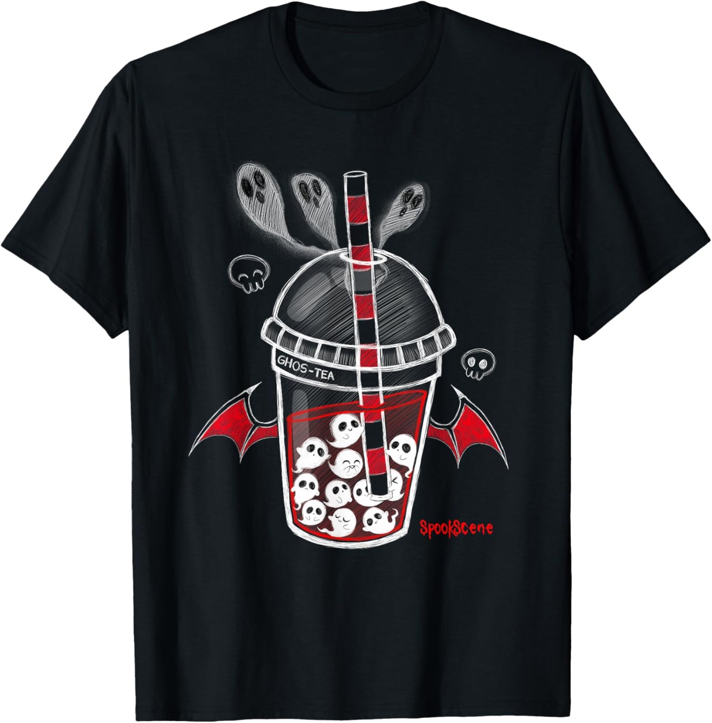 Spookscene Ghos-Tea Spooky Boba Emo Goth Alt Red T-Shirt - T-Shirt | Black