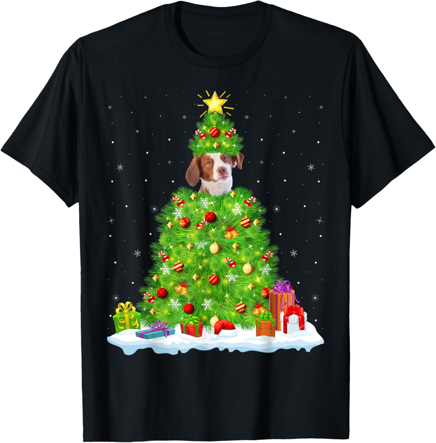 Xmas Lighting Matching Funny Brittany Spaniel Christmas Tree T-Shirt - T-Shirt | Black