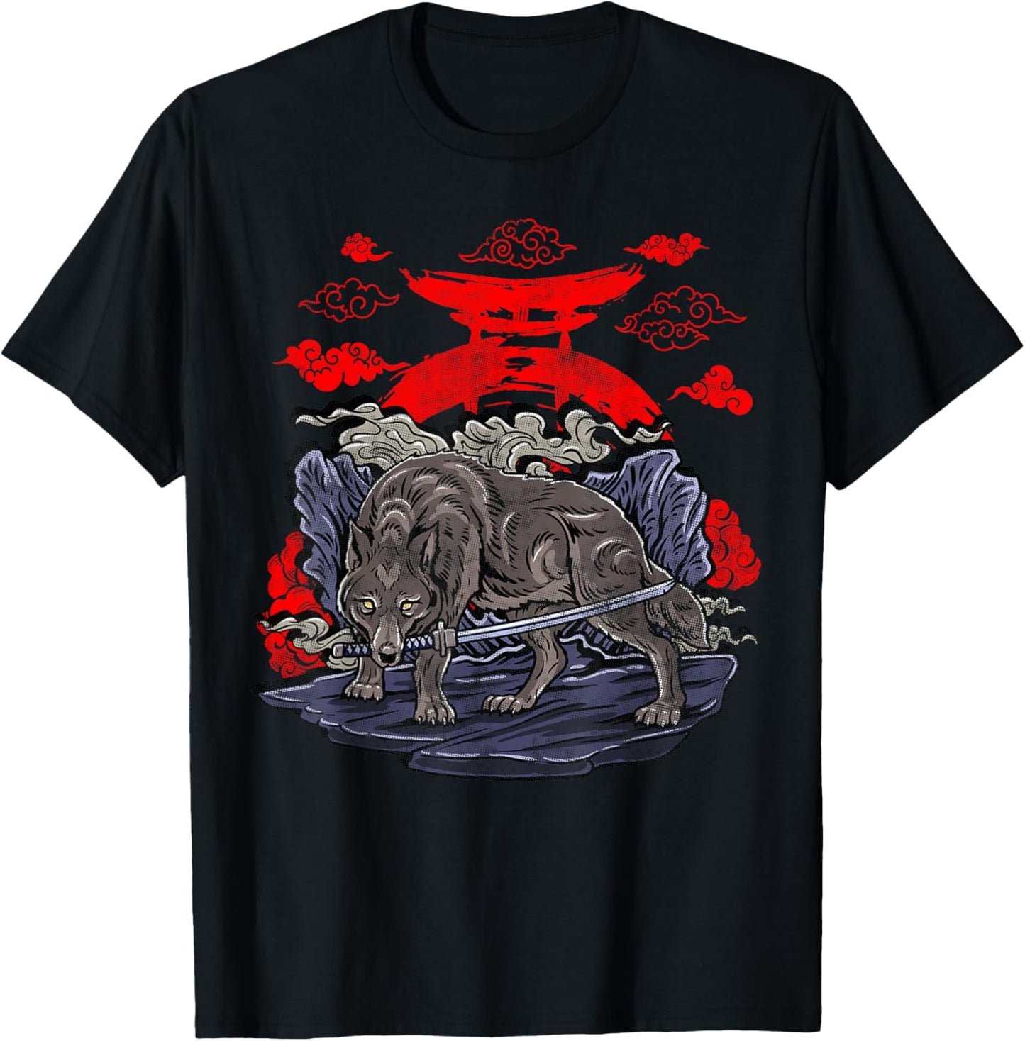Wolf with Katana Japanese Wolf Art T-Shirt - T-Shirt | Black