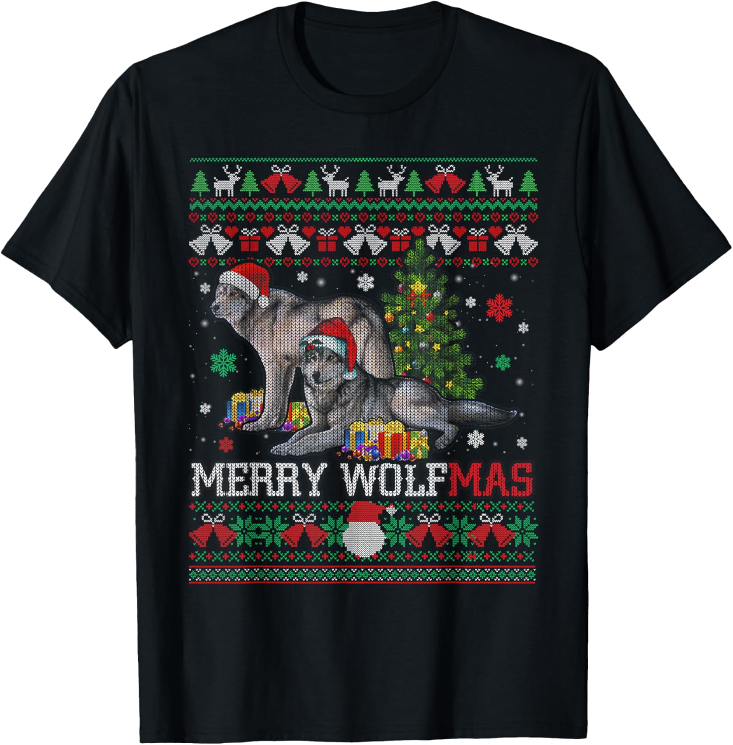 Merry Wolfmas Merry Christmas Wolf Ugly Sweater T-Shirt - T-Shirt | Black