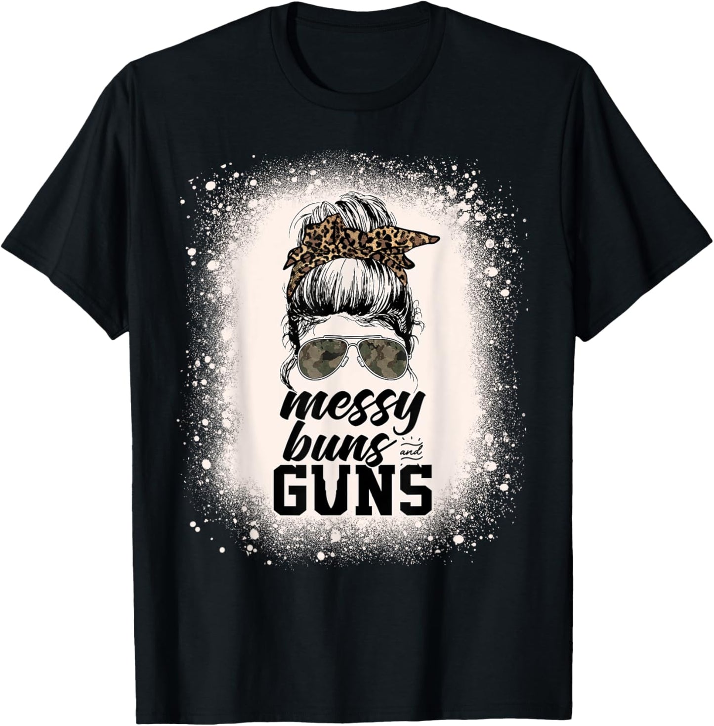 Messy Buns And Guns Leopard Camo Women Messy Bun Bleached T-Shirt - T-Shirt | Black