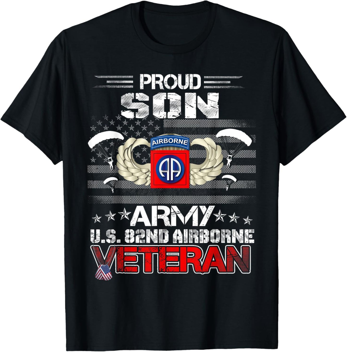 Proud Son Army US 82nd Airborne Veteran Flag Patriotic T-Shirt - T-Shirt | Black