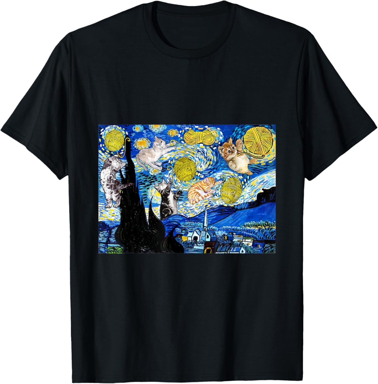 Cat Graphic, Starry Night Cat, Van Gogh Cat, Cat Lover T-Shirt - T-Shirt | Black