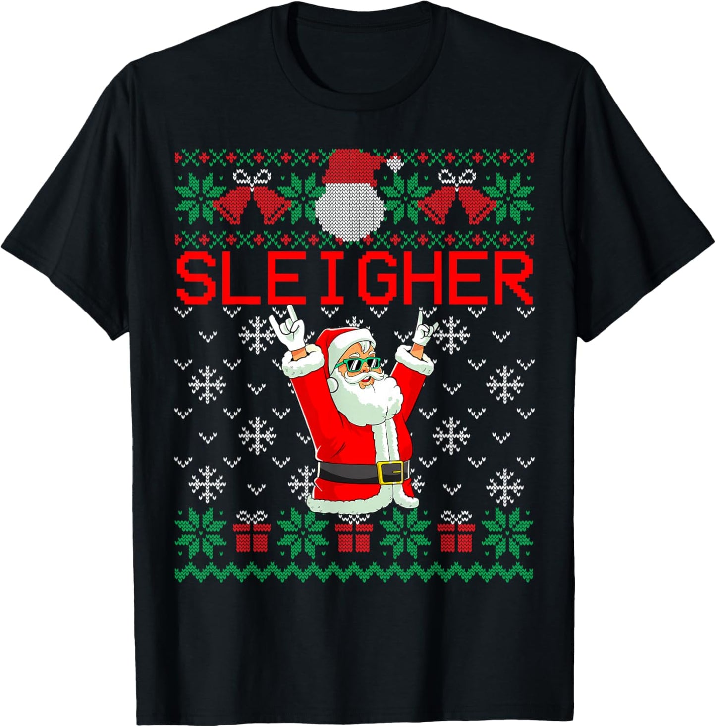 Sleigher Heavy Metal Music Hail Santa Ugly Christmas Sweater T-Shirt - T-Shirt | Black