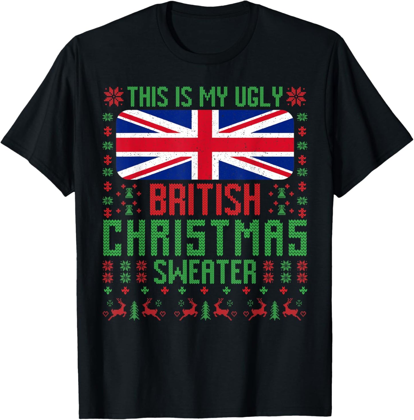 British Ugly Christmas Sweater British Flag United Kingdom T-Shirt - T-Shirt | Black