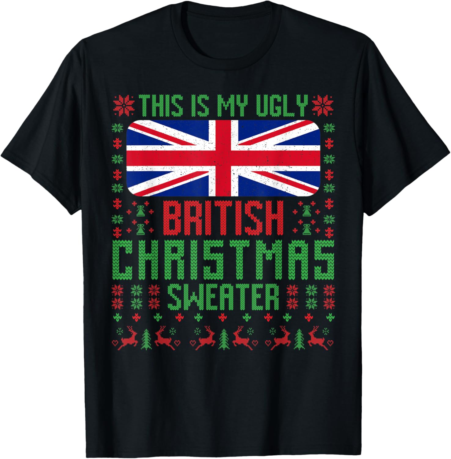 British Ugly Christmas Sweater British Flag United Kingdom T-Shirt - T-Shirt | Black