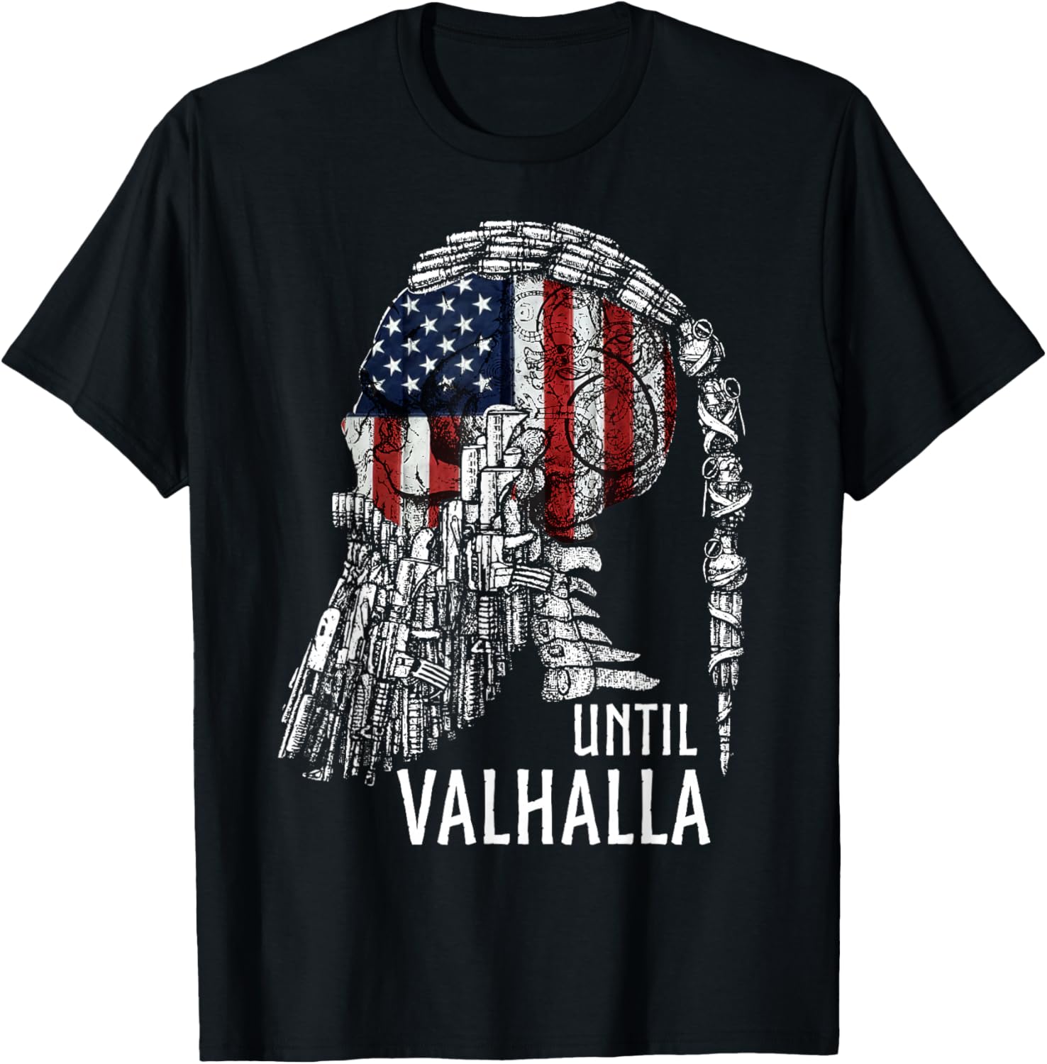 Until Valhalla, Skull American Flag, Viking US Patriot T-Shirt - T-Shirt | Black