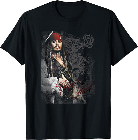 Disney Pirates of The Caribbean Captain Jack Ornate Poster T-Shirt - T-Shirt | Black