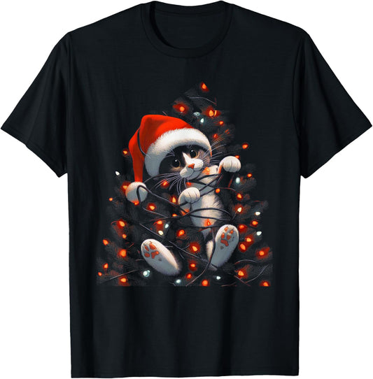 Cute Cat Tangled Up In Christmas Tree Lights Holiday T-Shirt - T-Shirt | Black
