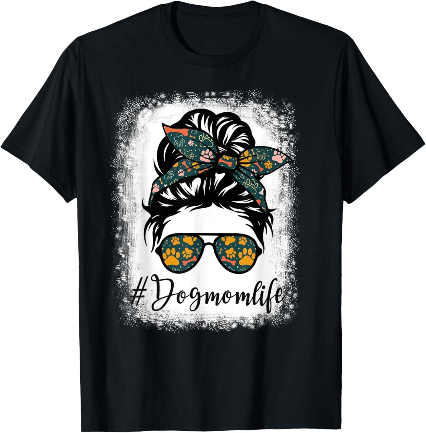 Vintage Women's Dog Mom Life Messy Bun Leopard Print Funny Animal Print - Black - Small T-Shirt - T-Shirt | Black