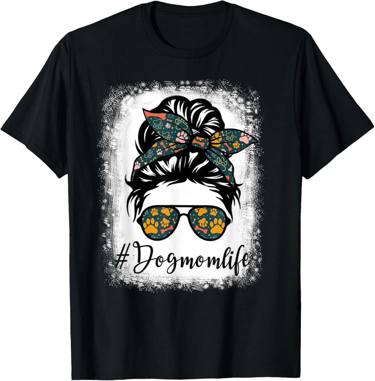 Vintage Women's Dog Mom Life Messy Bun Leopard Print Funny Animal Print - Black - Small T-Shirt - T-Shirt | Black