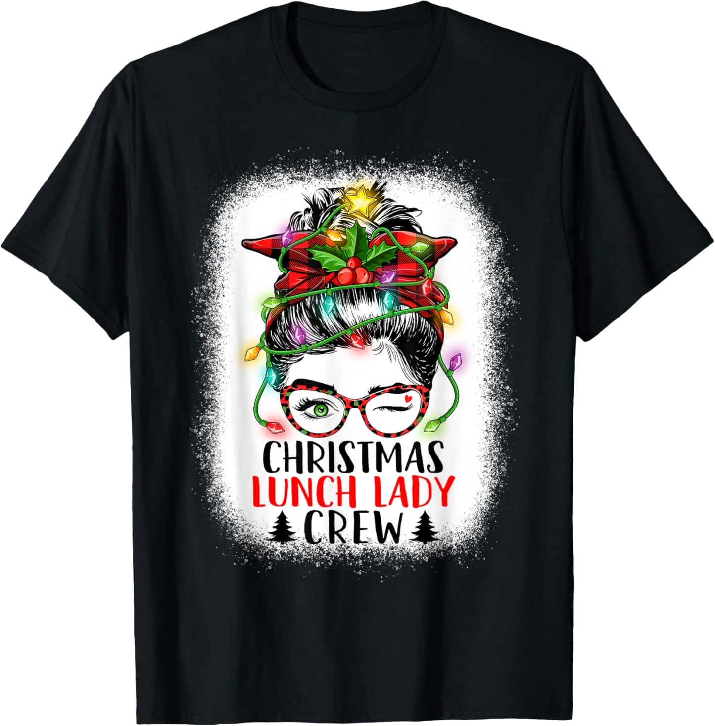 Christmas Lunch Lady Crew Messy Bun Women Christmas Lights T-Shirt - T-Shirt | Black