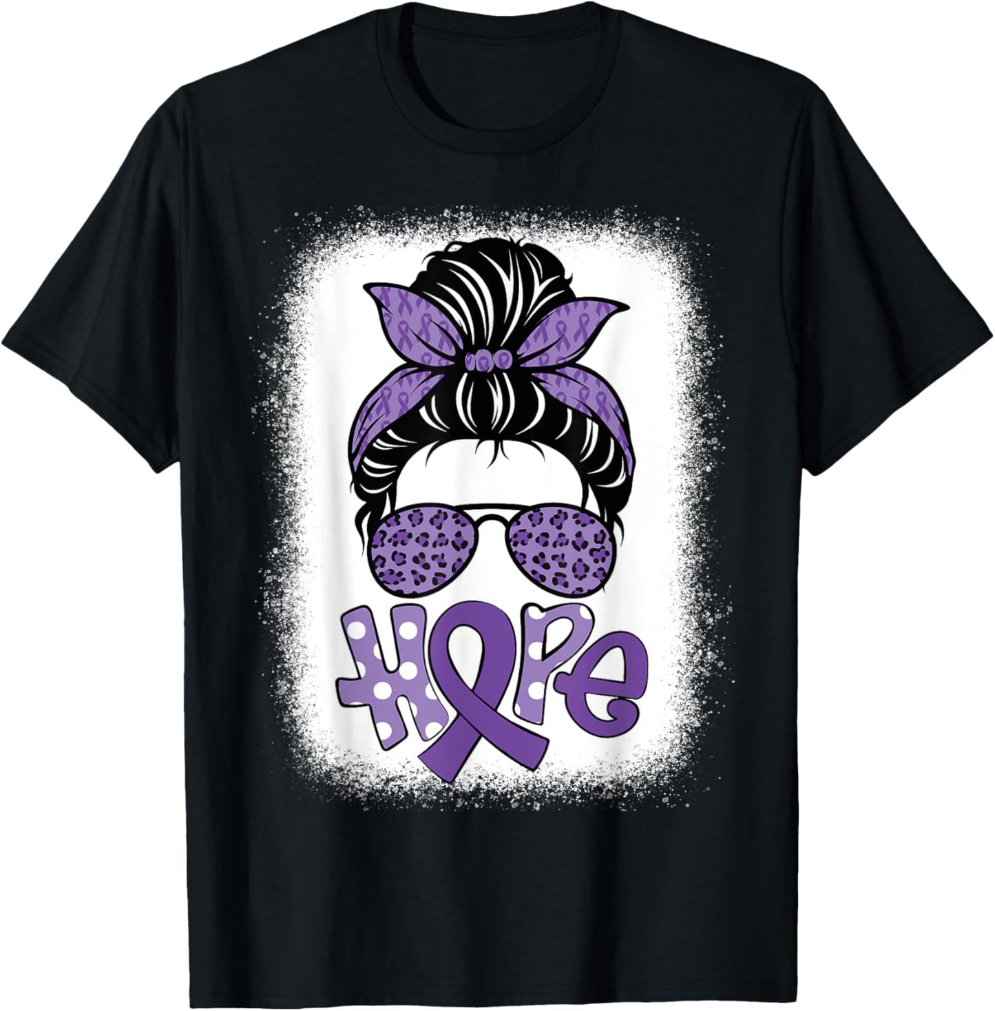 Bleached Hope Messy Bun Leopard Pancreatic Cancer Awareness T-Shirt - T-Shirt | Black