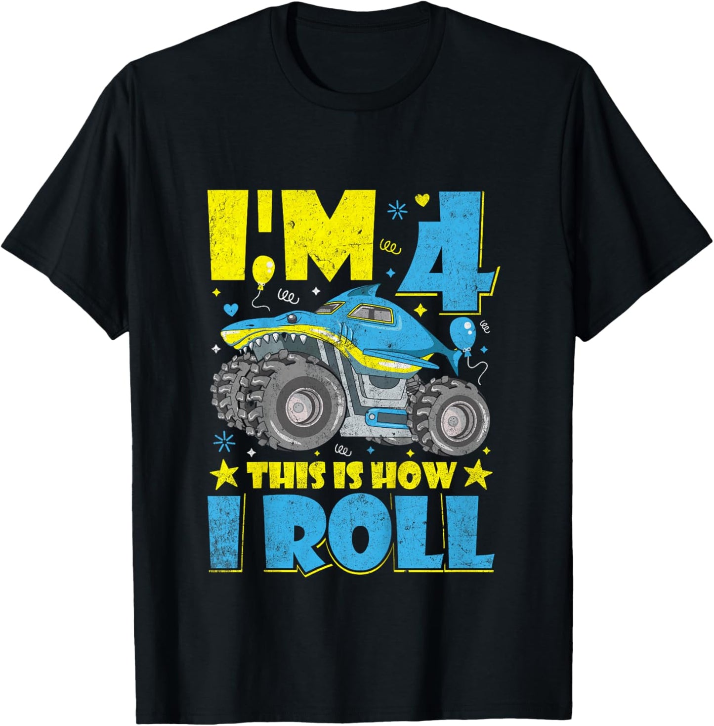 Monster Truck Shark 4th Birthday Boys and Girls Novelty T-Shirt - T-Shirt | Black
