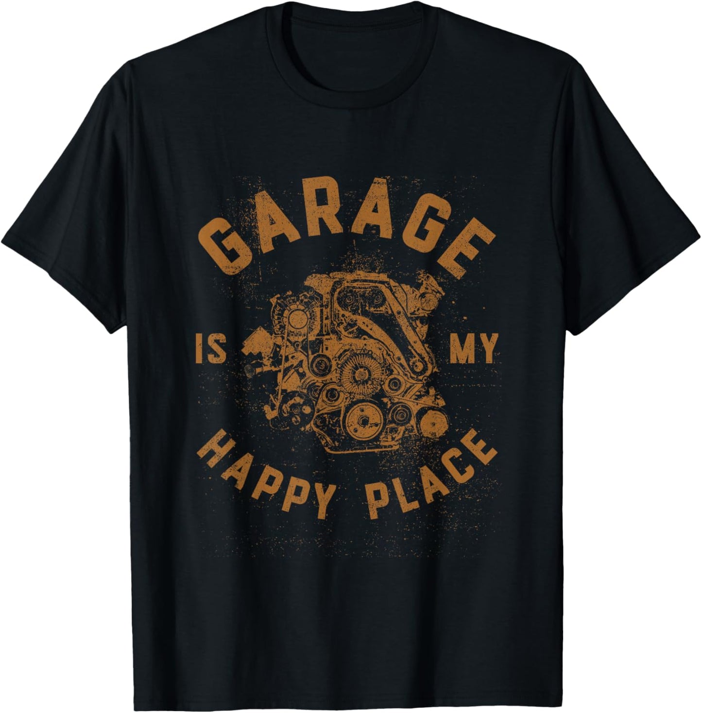 Vintage Garage Is My Happy Place Cars Auto Mechanics Engine T-Shirt - T-Shirt | Black