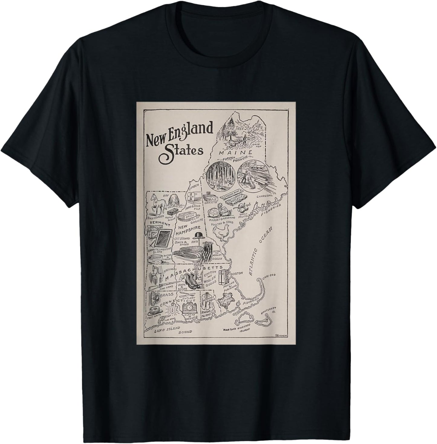 Historic New England Industries and Manufactured Goods Map T-Shirt - T-Shirt | Black