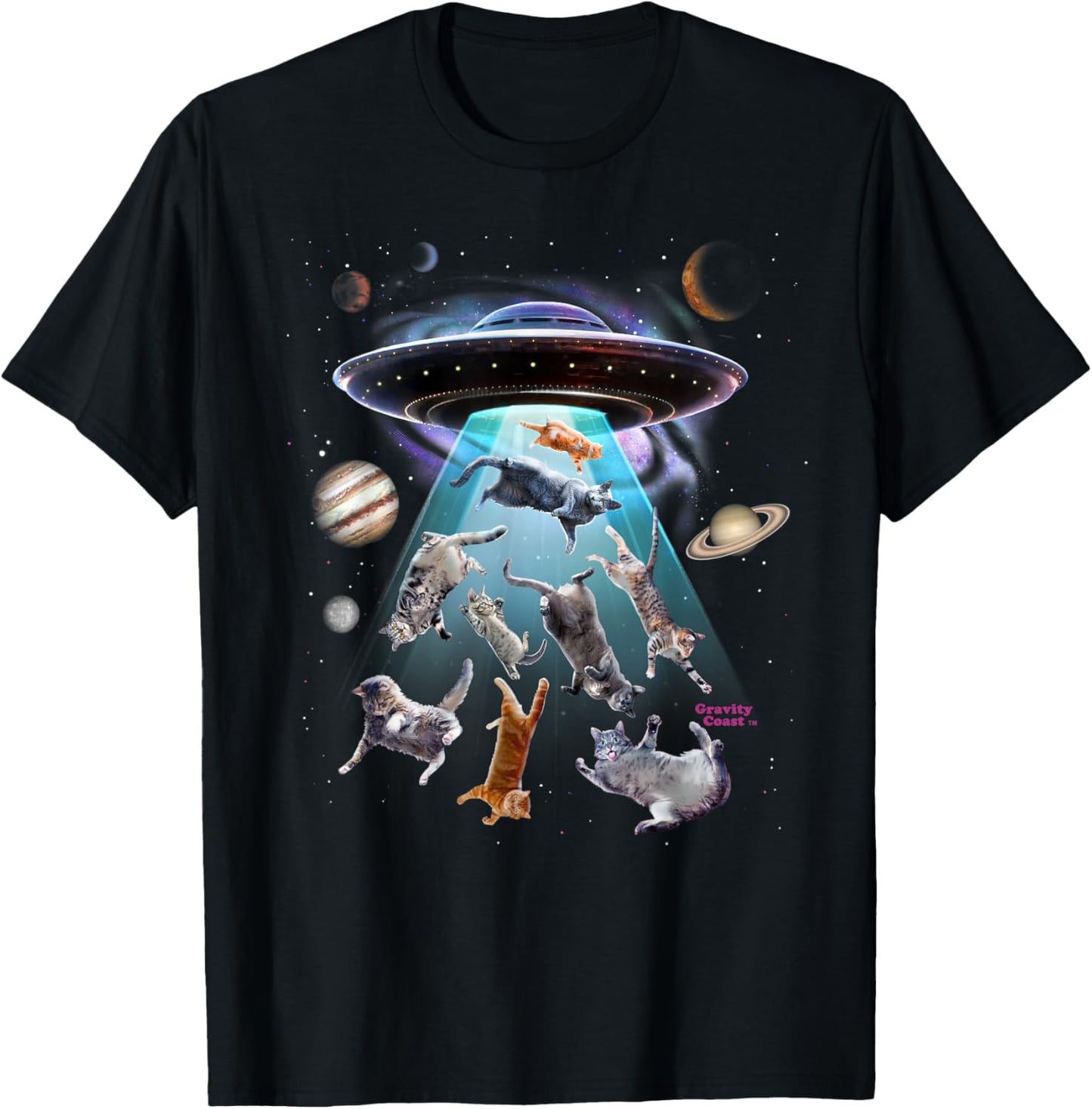 Aliens Abducting Cats Cat Kittens UFO Saucer Cat Lover Gifts T-Shirt - T-Shirt | Black