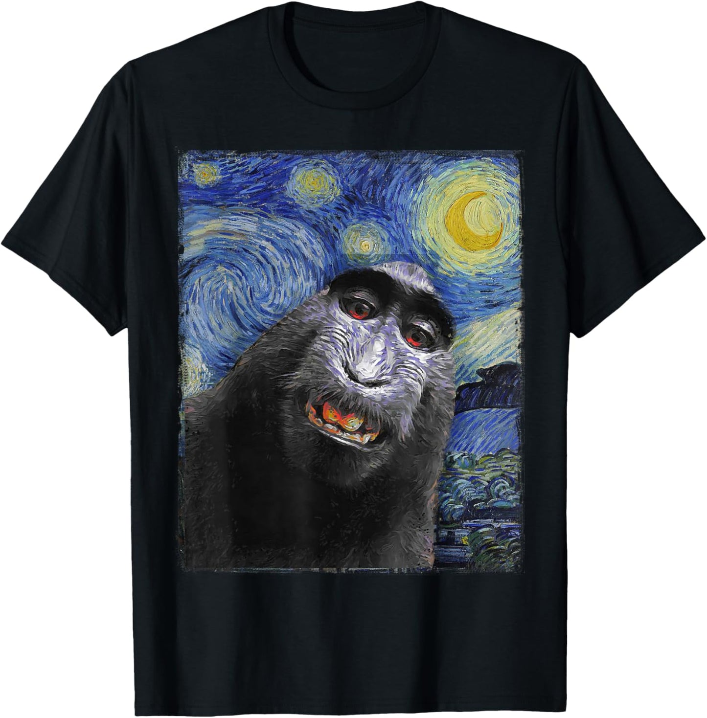 Funny monkey selfie Van Gogh Starry night Funny Art Painting T-Shirt - T-Shirt | Black