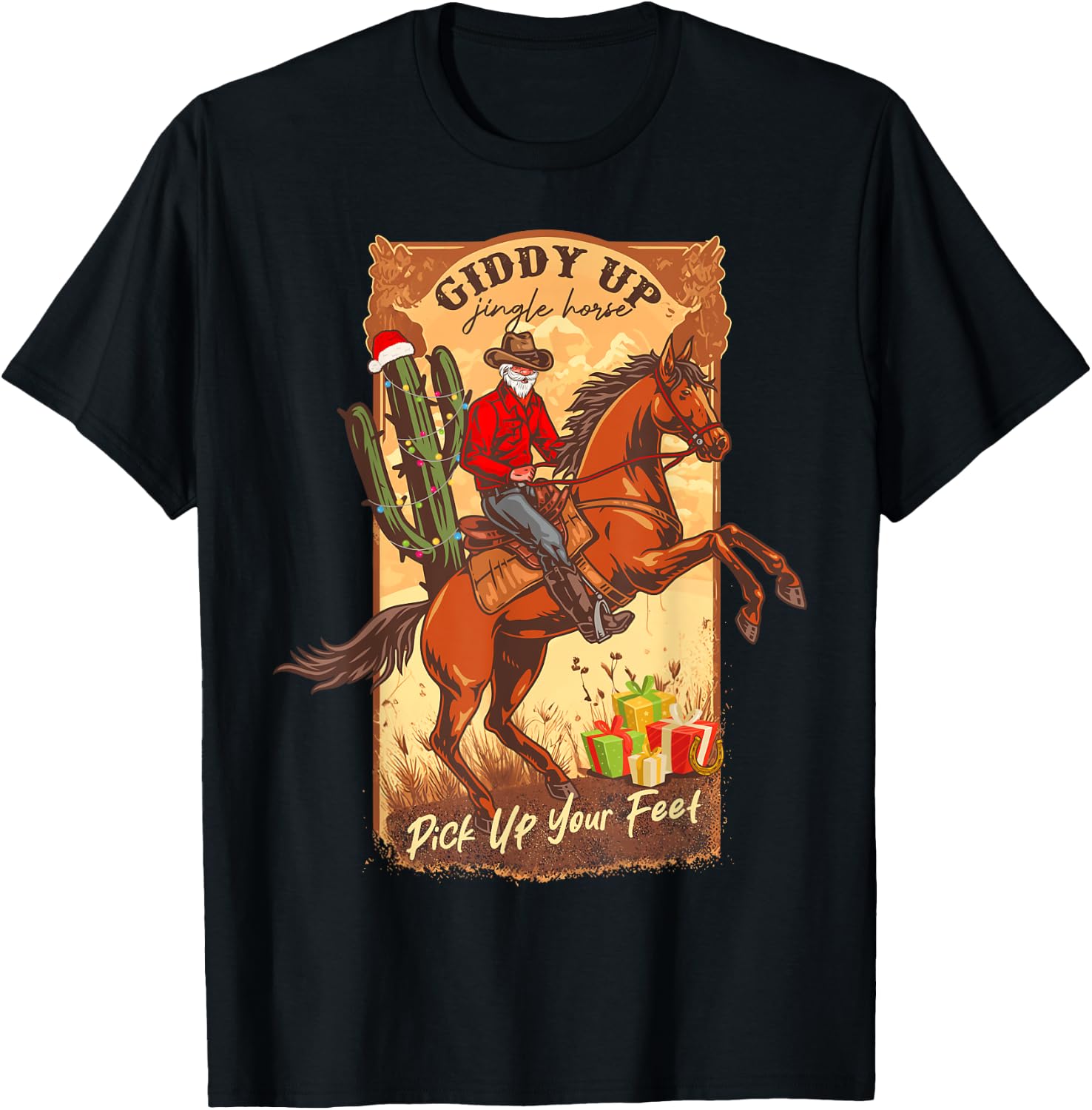 Giddy Up Jingle Horse Pick Up Your Feet Retro Western Xmas T-Shirt - T-Shirt | Black
