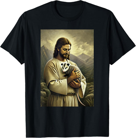 Funny Jesus Holding Opossum In His Arms Hilarious Possum T-Shirt - T-Shirt | Black
