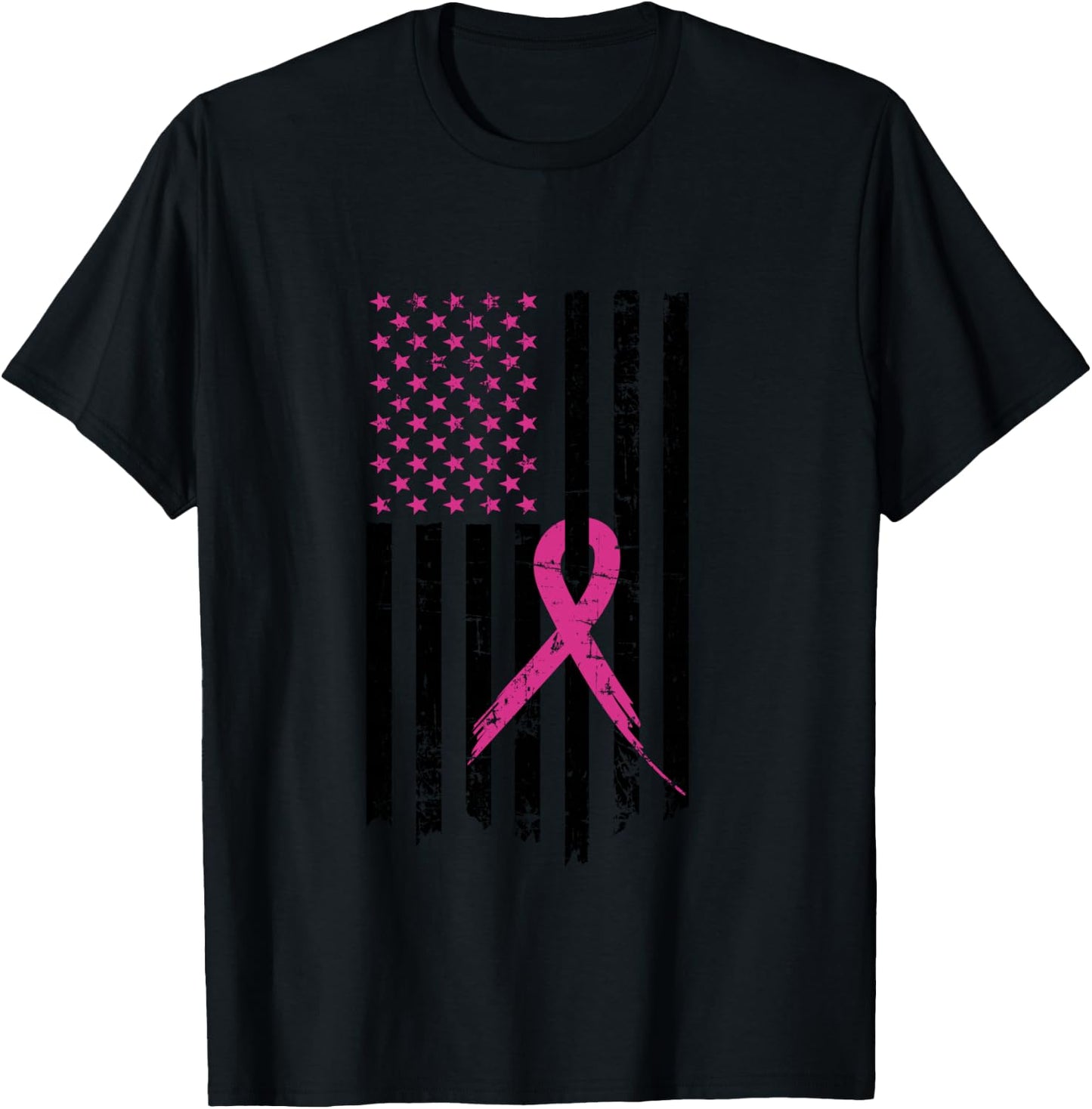 Breast Cancer Awareness Pink Ribbon American Flag T-Shirt - T-Shirt | Black