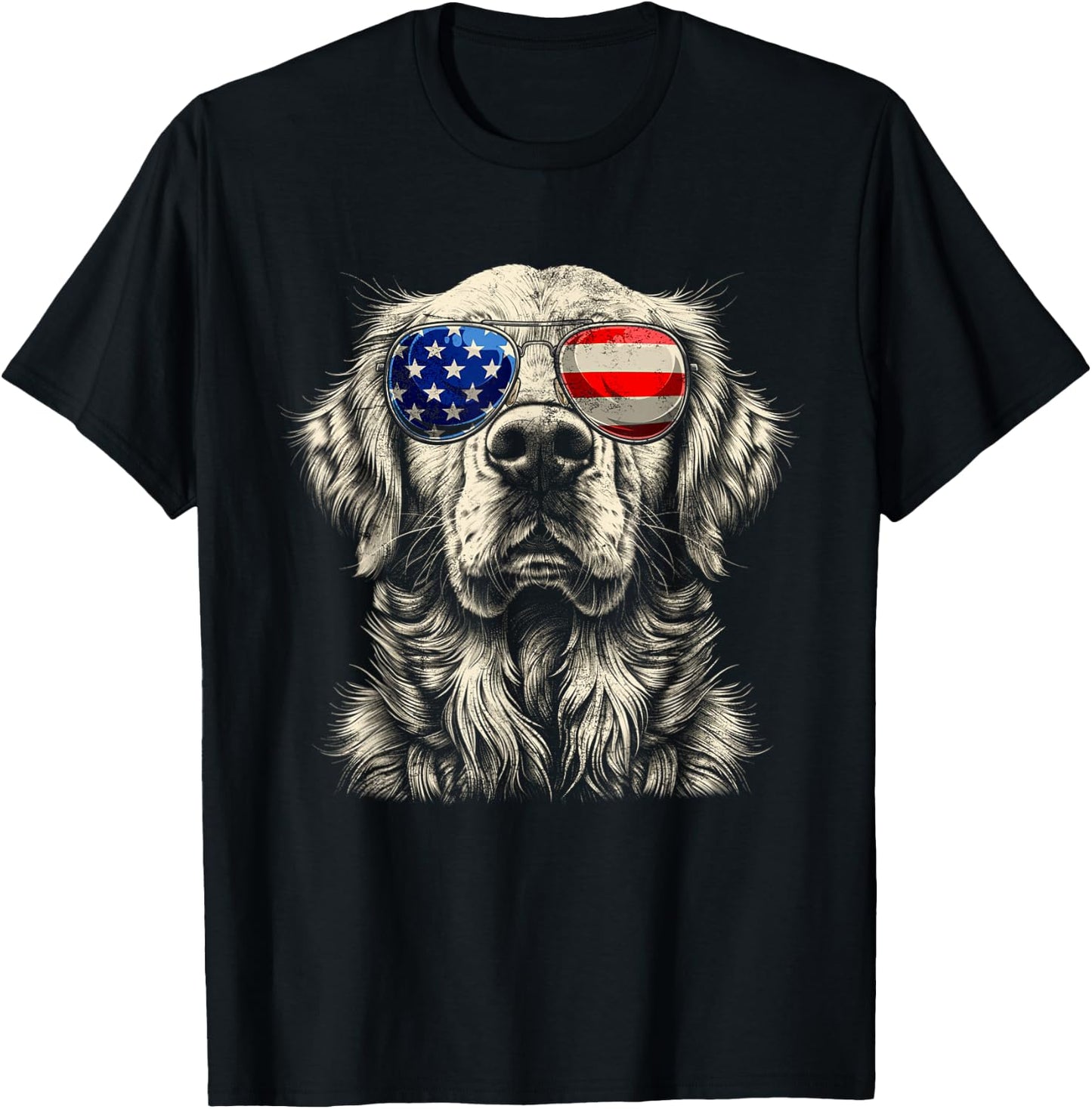 Vintage Art Golden Retrievers Dogs Wearing USA Flag Glasses T-Shirt - T-Shirt | Black