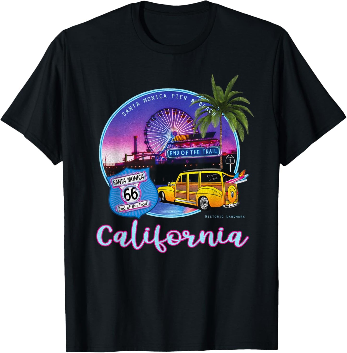 Santa Monica Pier California 66 End of The Trail Souvenir T-Shirt - T-Shirt | Black